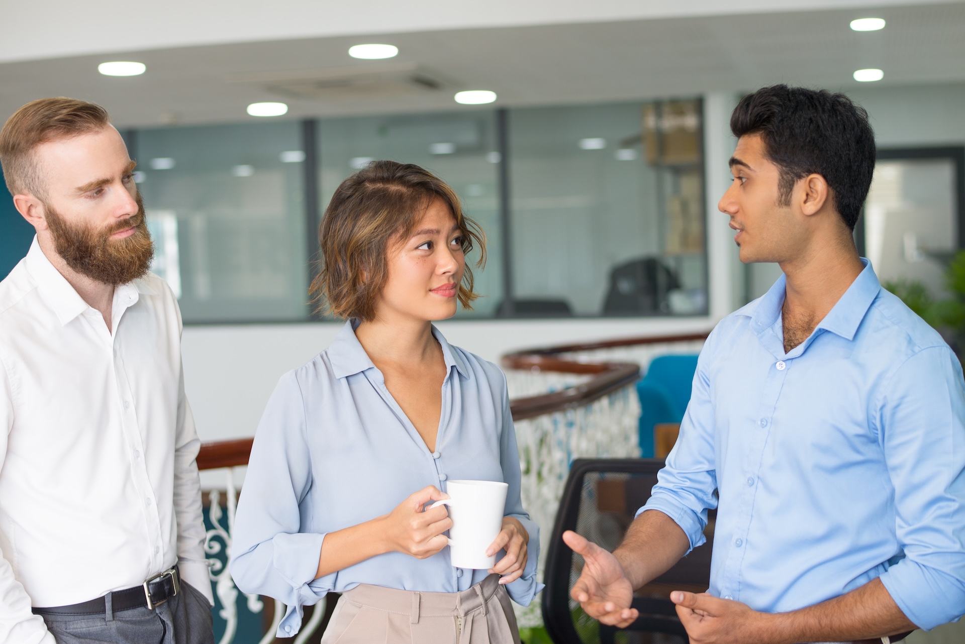 Employees meeting and chatting during lunch